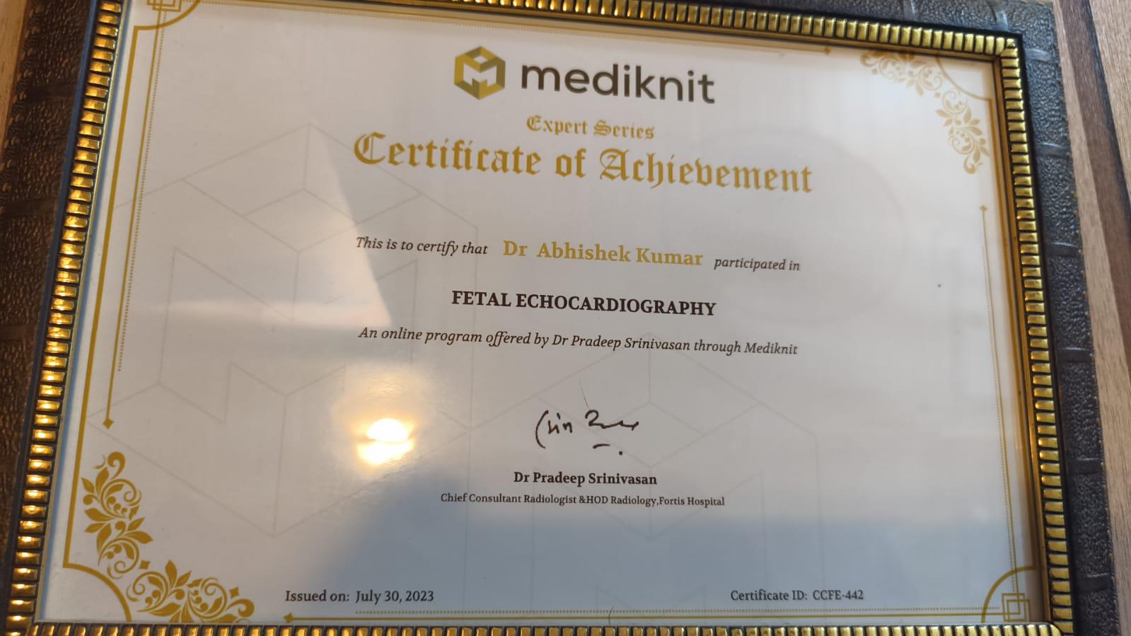 Mediknit Expert Series certificate — fetal echocardiography
